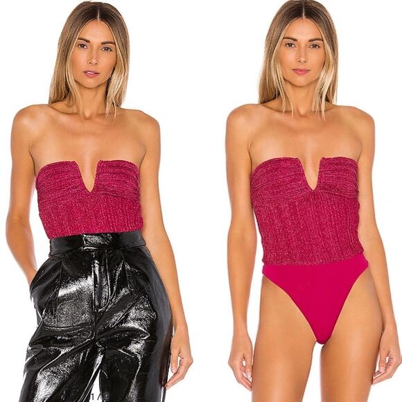 NBD Revolve Phoibe Bodysuit Fuchsia Pink NEW Small Glitter Strapless Party Glam - Picture 1 of 9
